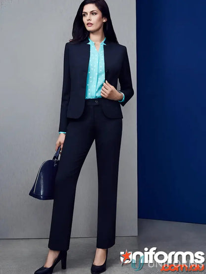 Woman wearing navy comfort wool relaxed fit straight leg pant for business style