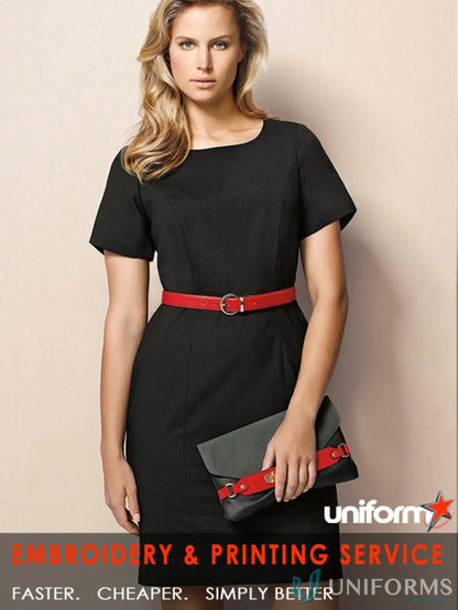 Comfort Wool Shift Dress with black design, red belt and clutch for stylish wool cycle looks