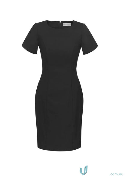 Black short-sleeved comfort wool shift dress showing sleek dress design perfect for wool cycle
