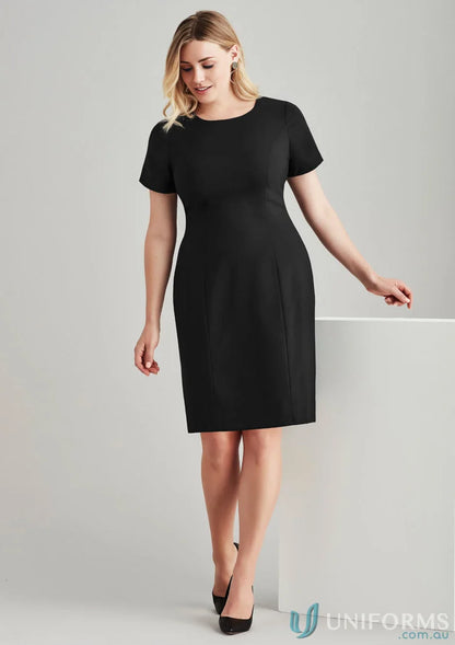 Black short-sleeved sheath dress in comfort wool shift classic dress design