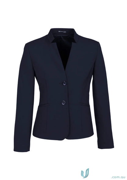 Navy blue comfort wool short blazer with reverse lapel for women