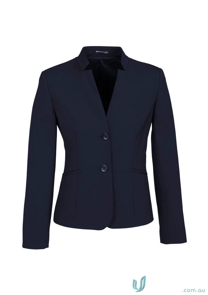 Navy blue comfort wool short blazer with reverse lapel for women