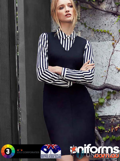 Black wool sleeveless V-neck dress with striped shirt for women’s stylish look