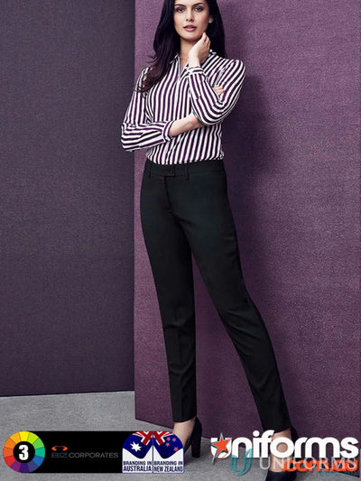 Woman wearing Comfort Wool Slim Leg Pant with striped shirt and black pants