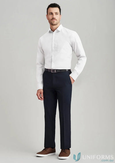 Man in white shirt and dark trousers wearing Comfort Wool Slimline Pant with internal security pocket