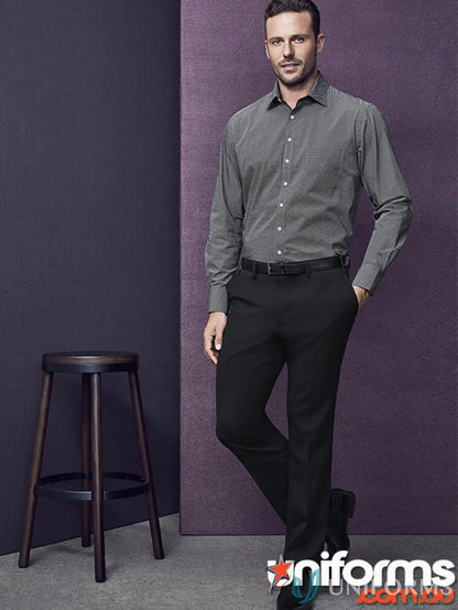 Man in Gray Striped Dress Shirt and Comfort Wool Slimline Pant with Internal Security Pocket