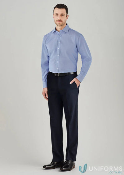 Man in blue dress shirt wearing Comfort Wool Stretch Adjustable Waist Pant