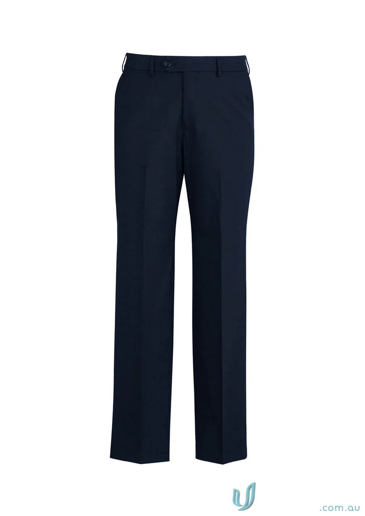 Navy blue comfort wool stretch adjustable waist pant for a comfy fit