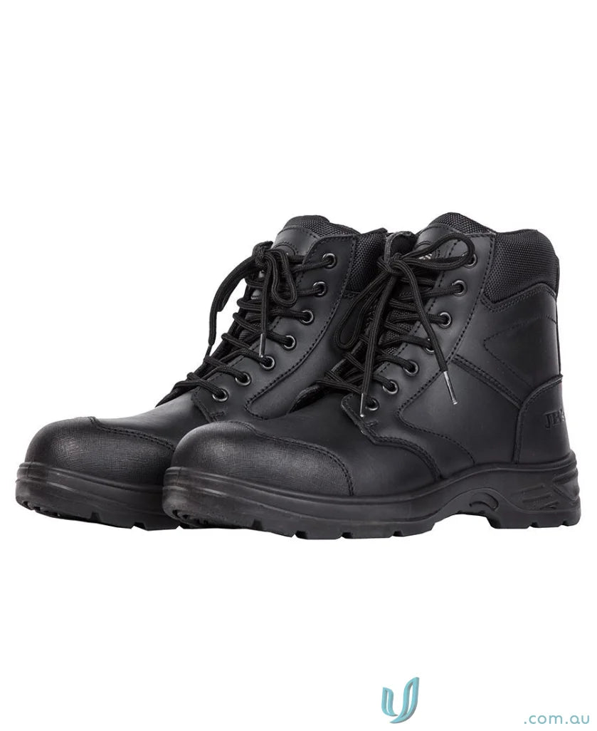 Black leather work boots with composite toe, BSI BMP rated, perfect for uniforms
