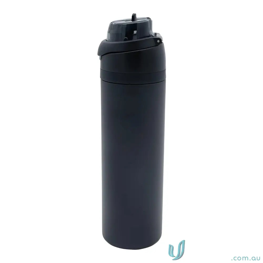 Black insulated stainless steel water bottle with powder coat and lift-up handle