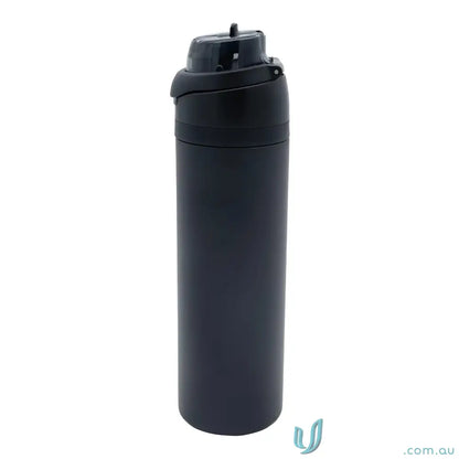 Black insulated stainless steel water bottle with powder coat and lift-up handle