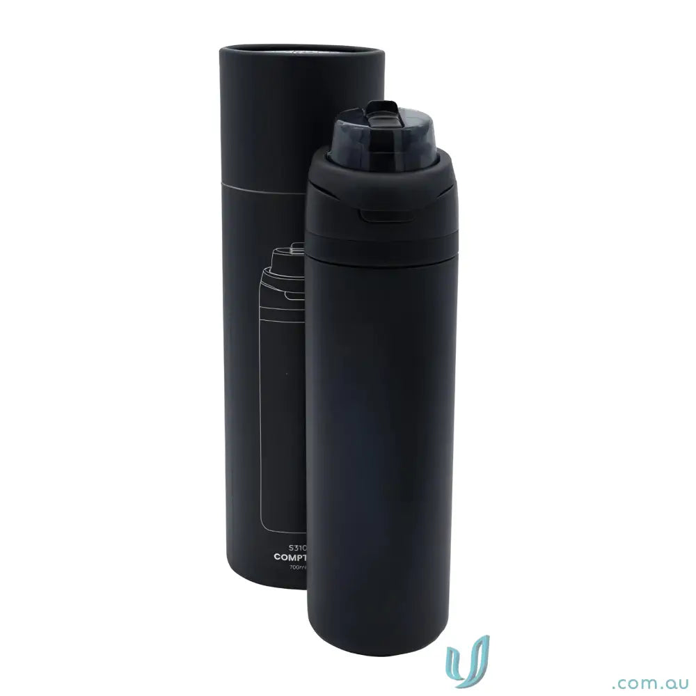 Black powder coat insulated stainless steel water bottle with lift-up handle