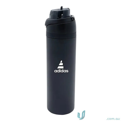 Black Adidas water bottle with powder coat and lift-up handle made of stainless steel