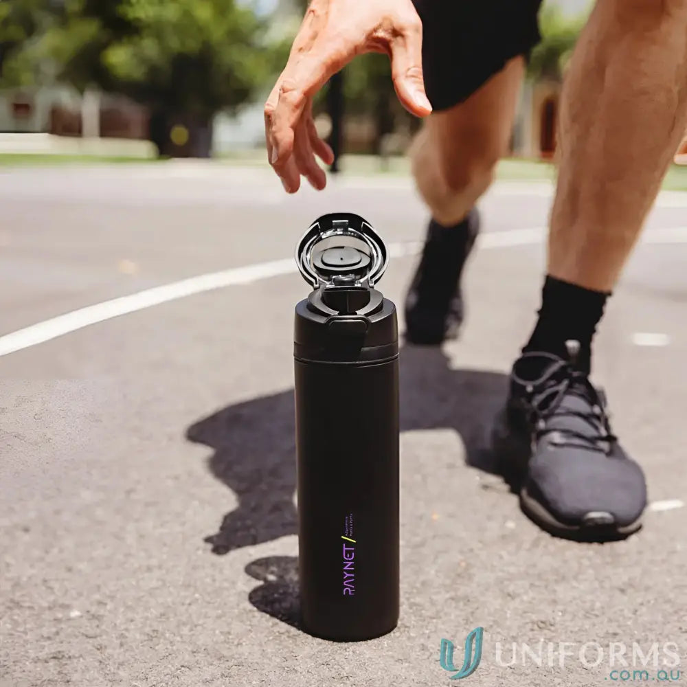 Black Stainless Steel Water Bottle with Powder Coat and Lift-Up Handle, Lid Opened