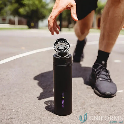 Black Stainless Steel Water Bottle with Powder Coat and Lift-Up Handle, Lid Opened