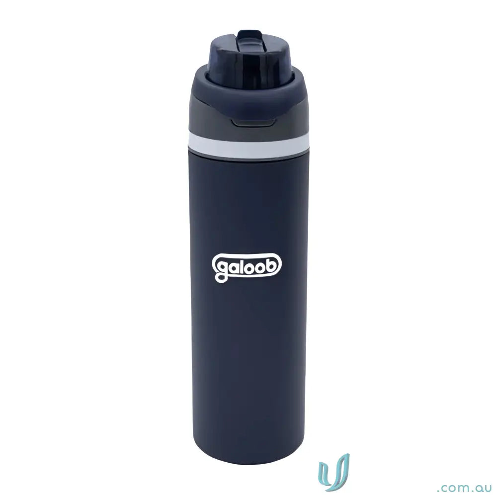 Dark blue stainless steel water bottle with powder coat finish and lift-up handle