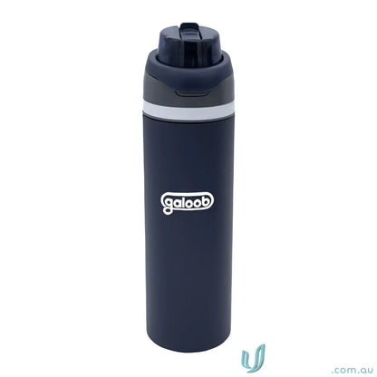 Dark blue stainless steel water bottle with powder coat finish and lift-up handle