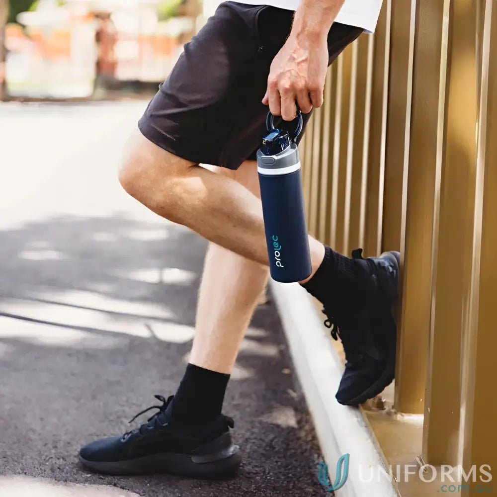 Dark blue stainless steel water bottle with powder coat and lift-up handle in Compton 700ml