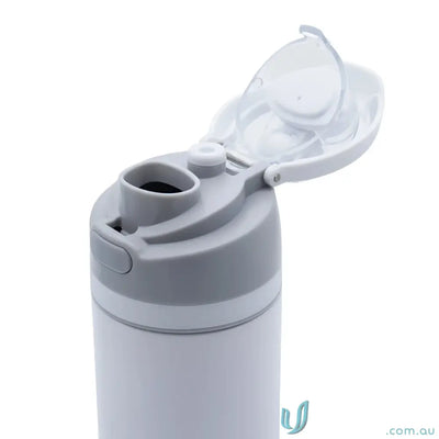 Open white and gray stainless steel Compton 700ml water bottle with lift-up handle