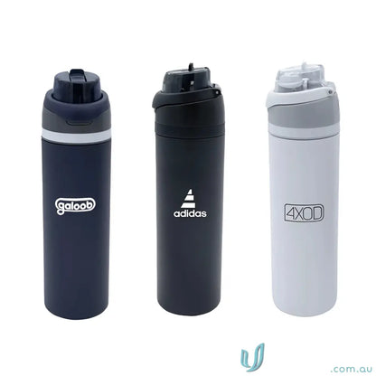 Three branded stainless steel water bottles with powder coat finish and lift-up handle