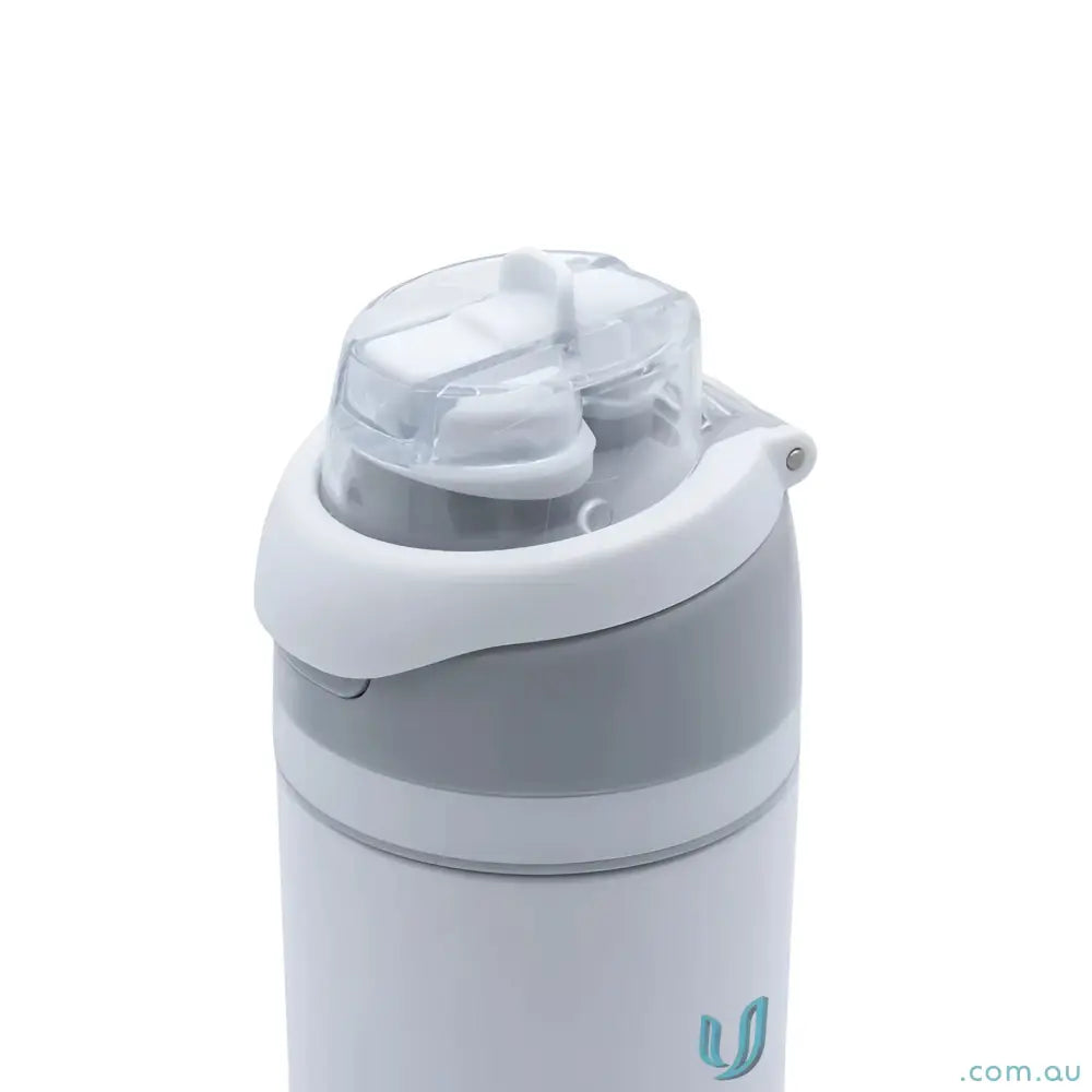 White and gray stainless steel Compton 700ml bottle with powder coat finish and lift-up handle