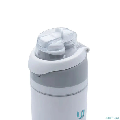White and gray stainless steel Compton 700ml bottle with powder coat finish and lift-up handle