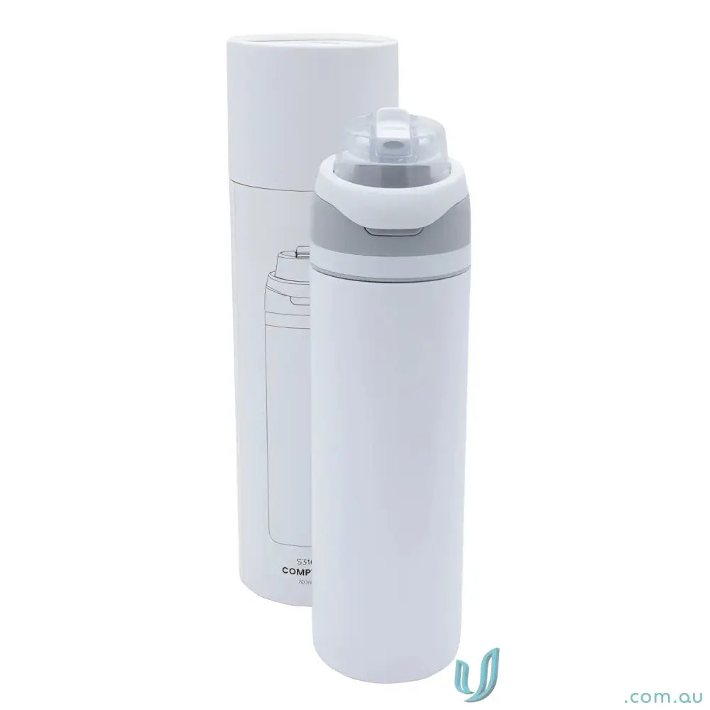 White water bottle with gray accents, stainless steel build, powder coat finish, lift-up handle