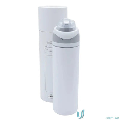 White water bottle with gray accents, stainless steel build, powder coat finish, lift-up handle