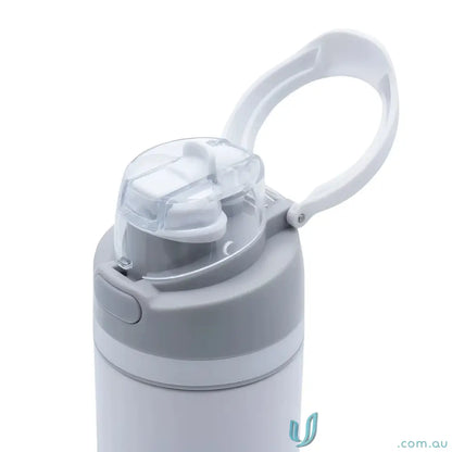 White stainless steel water bottle with powder coat finish and lift-up handle