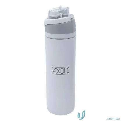 White stainless steel water bottle with gray powder coat and lift-up handle