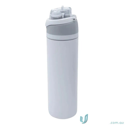 White water bottle with gray accents, powder coat finish, and lift-up handle in stainless steel