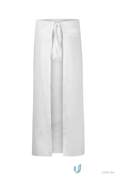 White full-length apron with tie closure, perfect for workwear and uniforms including bottle opener storage