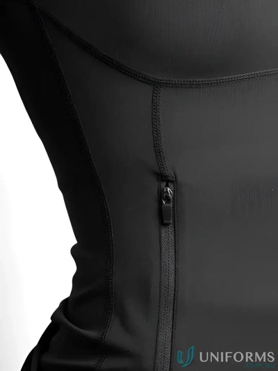 Black stretchy contour zip jacket with side zipper detail perfect for comfortable work uniforms and workwear