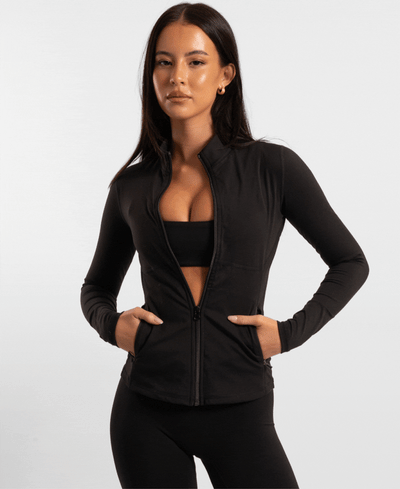 Black long-sleeved contour zip jacket with midriff cut and side pockets ideal for workwear uniforms