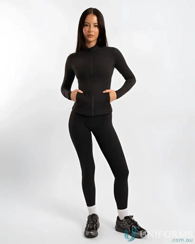 Black long-sleeve contour zip jacket with high collar and side pockets perfect for work uniforms and workwear