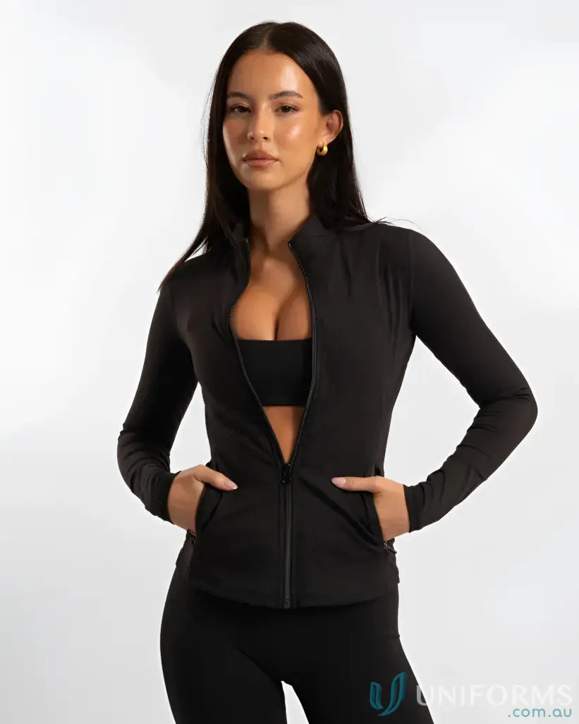Black contour zip jacket with cropped fit and front pockets perfect for stylish workwear and work uniforms