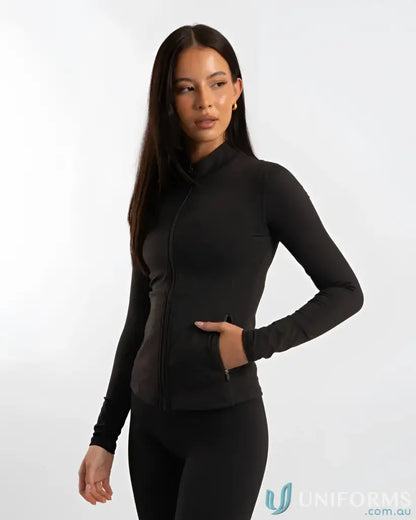 Black athletic contour zip jacket with high neck collar and cover stitching design