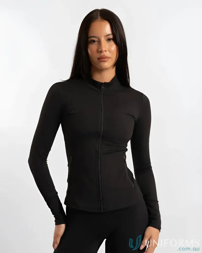 Black Contour Zip Jacket with high neck collar and stylish cover stitching design