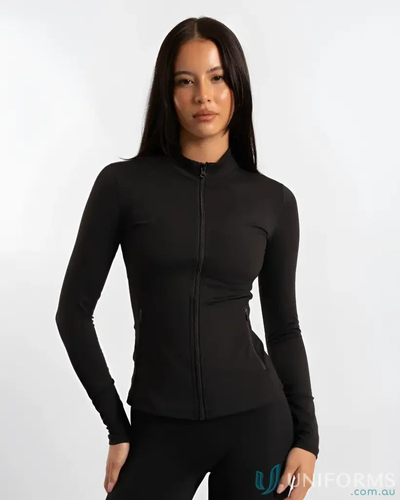 Black Contour Zip Jacket with high neck collar and stylish cover stitching design