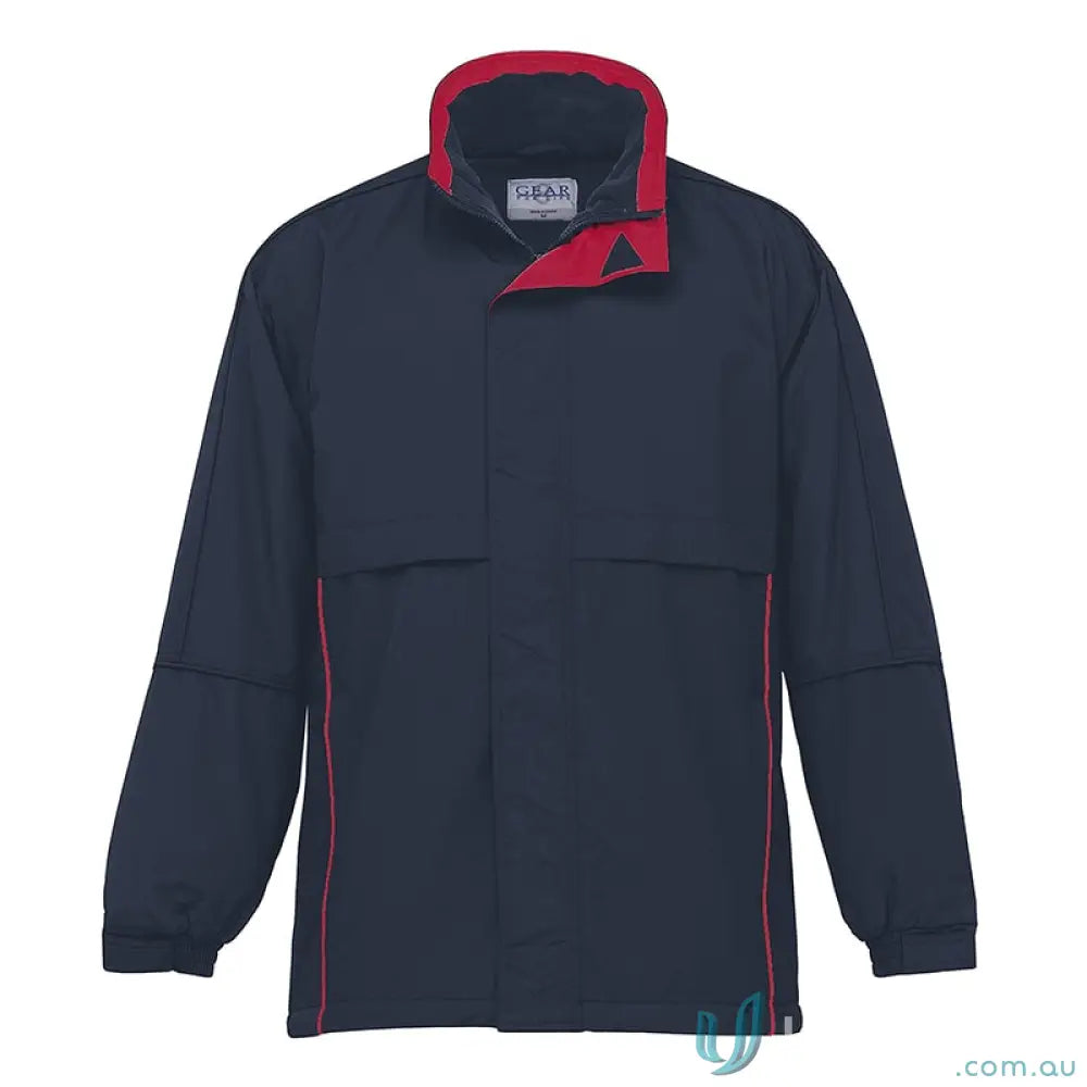 Navy and red Contrast Basecamp Anorak with nylon ottoman shell and velcro storm flap