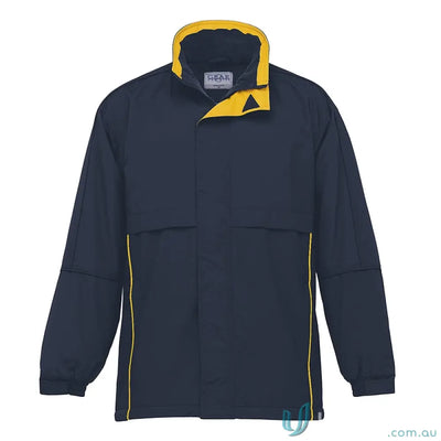 Navy and yellow Contrast Basecamp Anorak with nylon Ottoman shell and velcro storm flap
