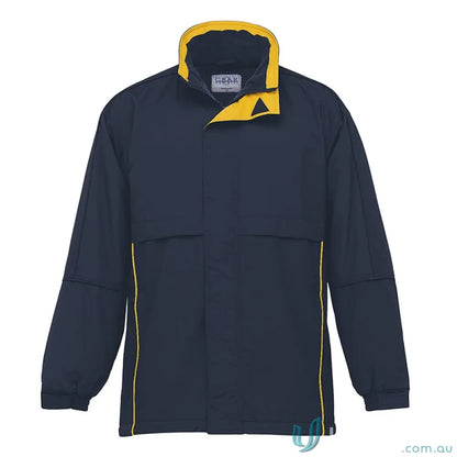 Navy and yellow Contrast Basecamp Anorak with nylon Ottoman shell and velcro storm flap