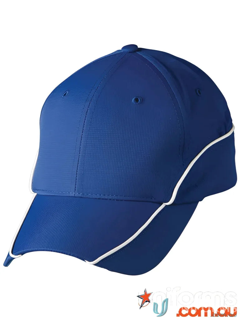 Blue baseball cap with white trim featuring ch21 contrast lining and polyester mesh lining