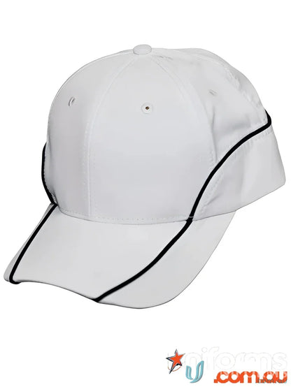 White baseball cap with black trim showcasing ch21 contrast lining and polyester mesh lining