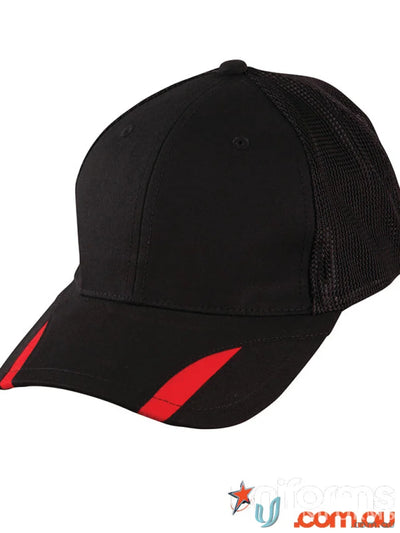 Black baseball cap with red accents from CH41 Contrast Peak Cap collection showing winning spirit contrast