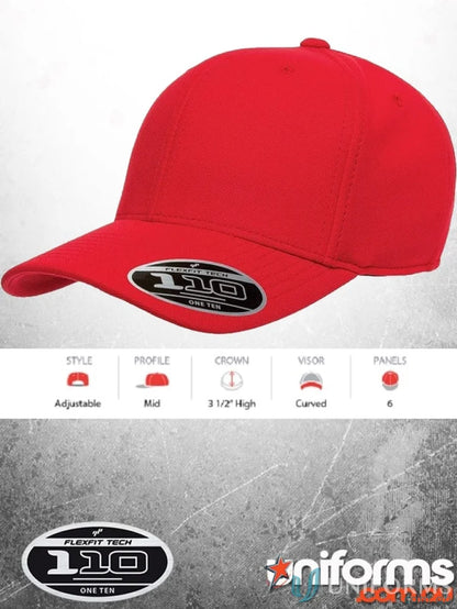 Red baseball cap with curved visor from Cool And Dry Cap, ideal for work uniforms