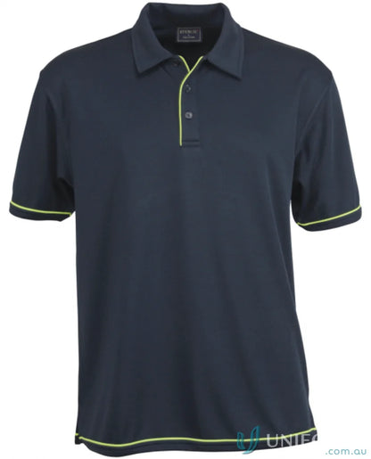 Navy cool dry polo shirt with yellow trim, perfect for uniforms and workwear