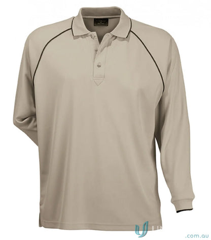 Cool Dry beige long-sleeved polo with contrast trim and yarn treated fabric