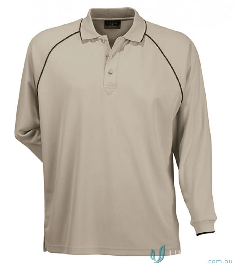 Cool Dry beige long-sleeved polo with contrast trim and yarn treated fabric