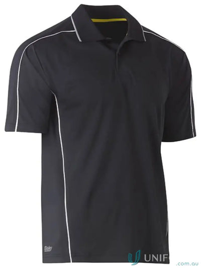 Black men’s cool mesh polo shirt with reflective piping for staying cool and stylish